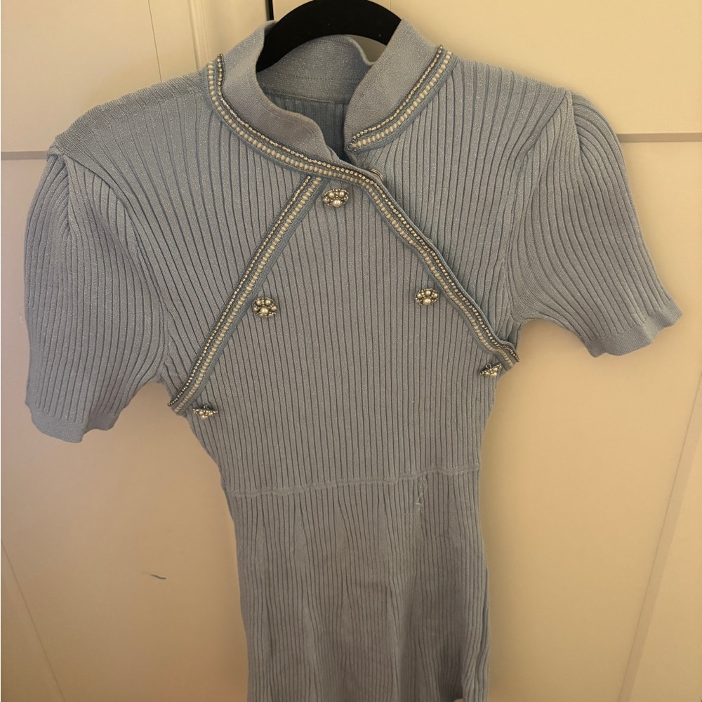 Elegant Light Blue Knit Dress with Pearl Accents